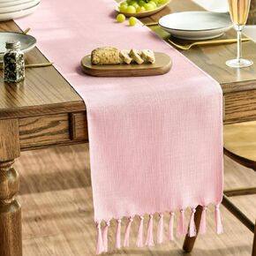 Artoid Mode Blush Pink Tassel Table Runner, Linen Blend Rustic Farmhouse Style Kitchen Table Decoration Holiday Wedding Party Dinning Decor 13x72 Inch