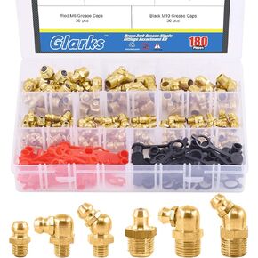 Glarks 180Pcs SAE Standard Straight and 90 Degree and 45 Degree Brass Hydraulic Grease Fitting with 60Pcs Red Black Caps Assortment Kits