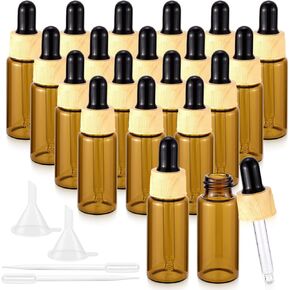 JIUWU Oil Dropper Bottle,1/2 Oz Eye Glass Bottle with Plastic Dropper,15 Ml Mini Glass Bottles，Empty Perfume Sample Bottles,20 Pcs Mini Dropper Bottles with 2 Funnels for Essential oil(Amber)