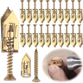 20pcs Self-Drilling Drywall Anchors with Screw, Zinc Plated Steel Drywall Anchors and Screws Kit, Heavy Duty No Drill Dry Wall Expansion Screw for Hanging Frames Wall Lamps Curtains- Gold
