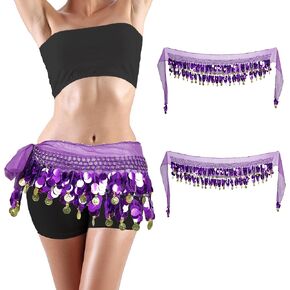 Belly Dance Skirt 2Pack, Belly Dance Hip Scarf, Belly Dancer Costumes for Women, Belly Dancing Outfits, Belly Dance Coin Skirts, Purple