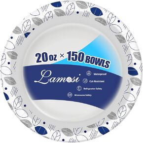 Lamosi 150 Counts 20 oz Paper Bowls, Heavy Duty Soak Proof Paper Bowls, Microwave Safe, Disposable Bowls Bulk for Breakfast, Lunch, and Dinner Meals