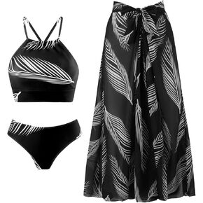 3 Piece Swimsuits for Women High Waisted Bikini Sets Retro Swimsuit with Cover up Beach Wrap Skirt