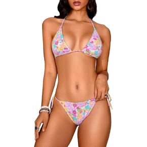 MakeMeChic Women's Floral Halter Tie Side High Cut Triangle Bikini Set Swimsuit Bathing Suit