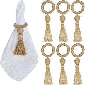 Napkin Rings Set of 6, Wooden Napkin Rings with Tassel, Rustic Wooden Napkin Ring Holder for Table Decoration (Pink, 6P)