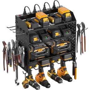 CCCEI Modular Power Tool Organizer with Charging Station. 4 Layer Wall Mount Drill Holder, Tool Battery Charger Organizer. Garage Shop Storage Utility Shelf with 10FT Power Strip, Gift for Men.