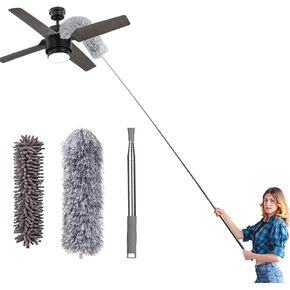 Microfiber Duster for Cleaning, 100" Extension Pole Telescoping Duster, Bendable & Washable Dusters for Clean Cobwebs, Ceiling Fan, High Ceiling, Blinds, Furniture, Cars