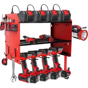 Power Tool Organizer wtih Charging Station，3 Layers Storage Rack with Screwdriver Rack 6 Drill Holders 8 Outlets Max Load 110lbs，for Workshop Garage Organizers and Storage Tool Battery Holder (red)