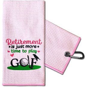 TOUNER Retirement is Just More Time to Play Embroidered Golf Towels for Golf Bags with Clip, Funny Pink Golf Towel Gifts for Golf Fan Wife Women, Golf Accessories for Women, Retirement Birthday Gifts