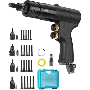 4-in-1 Pneumatic Rivet Nut Gun Set (10-24 & 1/4 & 5/16 & 3/8)， Air Nut Insert Installation Tool Assembly Automatic Nutsert Gun with 4pcs Quick-Change Locking Nozzle Bolts Adapter Drill Attachment