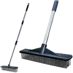 Heavy Duty Wire Push Broom Brush,15.7" Stainless Steel Bristle Deck Brush Broom with Long Handle for Removing Weeds,Outdoor Broom for Rough Surface Dirt,Garage Broom for Courtyards, Decks