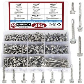 385PCS #8#12 Self Tapping Screws for Metal 410 Stainless Steel Screws Assortment Set Truss Head & Hex Head & Flat Head Self Tapping Screws (Length 1/2" to 2")