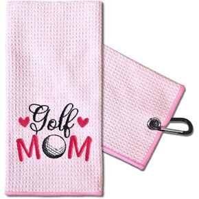 TOUNER Golf Mom Embroidered Golf Towels for Golf Bags with Clip, Funny Pink Golf Towel Gifts for Mom in Law Mom Mama Wife, Golf Accessories for Mother Women, Retirement Mother's Day Birthday Gifts