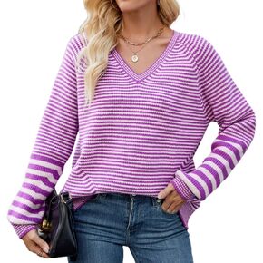 Holiday Sweaters for Women 2025, Women's Long Sleeve V Neck Stripes Trendy Oversized Ribbed Knit Pullover Sweater Tops