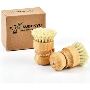 SUBEKYU Bamboo Dish Scrub Brushes for Kitchen, Wooden Cleaning Scrubbers Set for Washing Cast Iron Pan/Pot, Natural Sisal Bristles, Set of 2