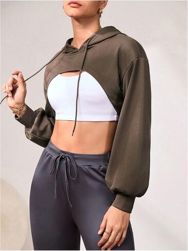 OYOANGLE Women's Long Sleeve Cropped Hoodie Workout Gym Drawstring Pullover Hooded Sweatshirts in Saudi Arabia