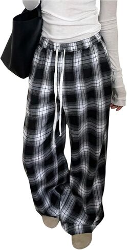 GORGLITTER Women's Plaid Wide Leg Baggy Pants Y2k Gingham High Waisted Drawstring Causal Pants in Kuwait