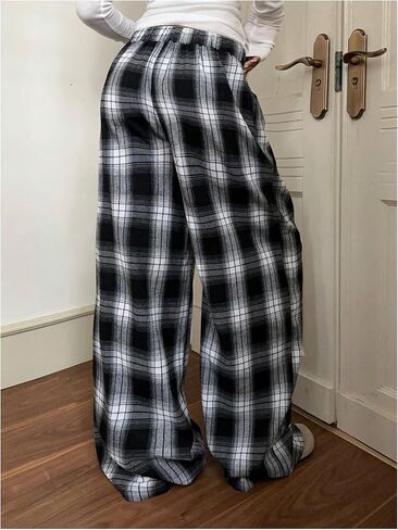 GORGLITTER Women's Plaid Wide Leg Baggy Pants Y2k Gingham High Waisted Drawstring Causal Pants in Kuwait