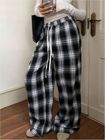 GORGLITTER Women's Plaid Wide Leg Baggy Pants Y2k Gingham High Waisted Drawstring Causal Pants in Kuwait