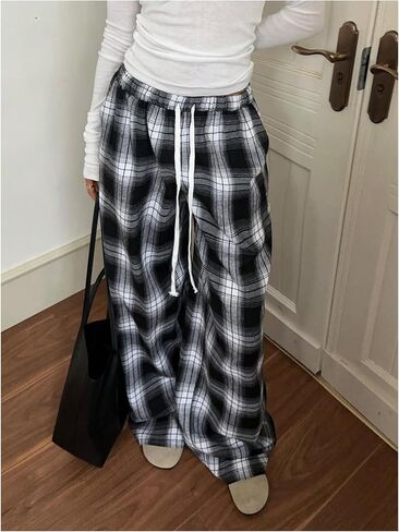 GORGLITTER Women's Plaid Wide Leg Baggy Pants Y2k Gingham High Waisted Drawstring Causal Pants in Kuwait