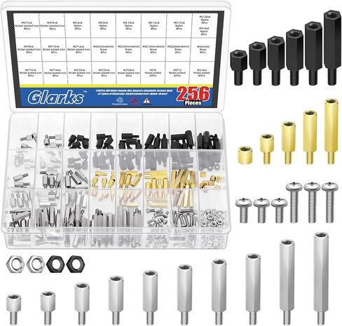 Glarks 256pcs M3 Carbon Steel & Nylon & Brass Standoff Set Hex Mount Spacer Motherboard Spacer Male-Female Spacer Standoff with Pan Head Screw Nylon Screw Nut and Hex Nut for PCB, Quadcopter Drone in Kuwait