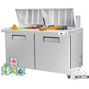 60" Sandwich & Salad Prep Table Commercial Refrigerator, 16.8 cu. ft 2 Door Salad Bar Stainless Steel w/24 Pans Cutting Board for Buffet Restaurant, Shop, Bar, ETL/DOE