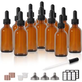2oz Amber Dropper Bottle, 12P, Amber Oil Eye Dropper, Droppers for Oils, Leak Proof Travel Bottle