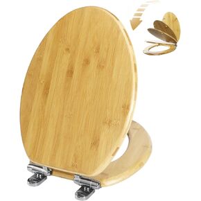 Elongated Bamboo Toilet Seat with Lid Quick Release Slow Close Zinc Alloy Strong Hinges Natural Bamboo, Light, 19-inch