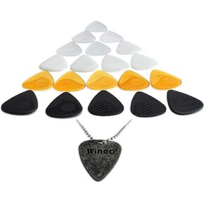 WINGO Guitar Picks with Grip Stamped 20 Pack, Non Slip Textured Picks (073, 088, 1.0, 1.25, 1.5mm) with a Metal Pick Necklace for Acoustic Electric Guitars Bass