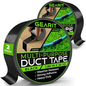 GearIT Duct Tape with Heavy-Duty Adhesive (2-Pack, 1.88in, 30yd Each) Black, Waterproof, Easy to Tear by Hand, Indoor Outdoor, Multi Surface Use, Professional Strength - 2 Inch, 2 Roll, 90 Feet