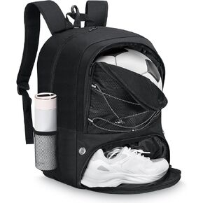 MoKo Soccer Bag Backpack, Basketball Backpack for Men & Women with Separate Ball and Shoes Compartments, Water-Resistant, Fence Hook, Sports Equipment Bag for Clothes, Shoes, Tablets, Laptops, Black