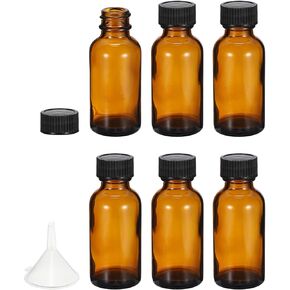 PATIKIL 1oz(30ml) Glass Sample Bottles with Black Poly Cone Cap, 6Pcs Round Bottle Dispensing Bottles with Funnel for Reagent Liquids, Essential Oils, Perfume, Amber