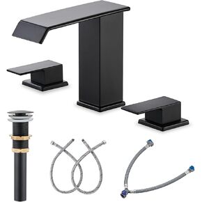 Waterfall Bathroom Faucet 3 Hole, Matte Black 8 Inch Widespread Bathroom Faucets & Parts, Modern 3 Piece Bathroom Sink Faucet, Touch On Lavatory Faucet for Bathroom Vanity Sink