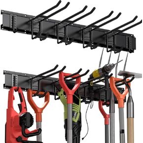 Garage Tool Storage Rack, Garage Organizer Wall Mounted Storage System with 6 Hooks, Max 300 lbs Super Heavy Duty Garden Tool Hanger Rack for Ski Gears, Chair, Broom, Mop, Rake Shovel Yard Tools