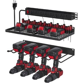 Power Tool Organizer with Charging Station, Wall Mount Drill Holder, Screwdriver Organizer and Power Tool Battery Organizer, Heavy Duty Tool Rack for Garage, Workshop, Tool Room, Workbench