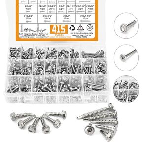 415pcs Premium #8 & #10 Self Tapping Screw Assortment Kit, 410 Stainless Steel Sheet Metal Screws with Length 1/2" to 2", Truss Head &Hex Washer Head Self Drilling Screws for Metal