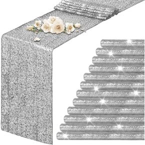 12 Packs Silver Sequin Table Runners 12 x 72 Inch Glitter Dining Table Runner Sparkle Sequin Runners for Birthday Wedding Party Bridal & Baby Showers, Party Table Decorations
