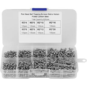 800PCS Pan Head Self-tapping Screws 8 Sizes 4-20mm Screw Replacement M2 Thread -Plated Carbon Steel Cross Drive Screws Assortment Kit Woodworking Fastener with Box