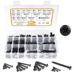 460PCS Black Stainless Steel Wood Screws Assortment Kit, 18 Sizes #4#6#8#10#12 Phillips Pan Head Sheet Metal Screws Self Tapping Screws Set for Wood Deck Drywall Concrete Screws, Length 1/4" to 2"