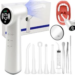 Tonsil Stone Vacuum Removal Kit with LED Light - Electronic Tonsil Stone Remover Tool with 6 Levels Suction, LED Light, 5 Silicone Nozzles, Tweezers, Tough Plate, Swabs, Magnifying Mirror