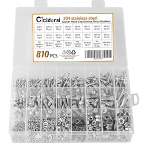 810 Pieces M3 M4 M5 M6 304 Stainless Steel Hex Socket Cap Metric Screws Bolts with Nuts, Washers and 1 Pcs Hex Key Wrenches i Pcs Tweezers Assortment Kit