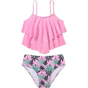 Milumia Girl's 2 Piece Ruffle Hem Bikini Sets Tropical Print Spaghetti Strap Swimsuits