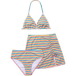 Milumia Girl's 3 Piece Striped Bikini Set Halter Neck Swimsuit with Beach Skirt Swimwear