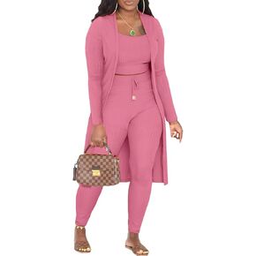 CROSTRITON Womens 3 Piece Outfits Ribbed Long Sleeve Cardigan Cover Up Crop Top Pants Tracksuits Set