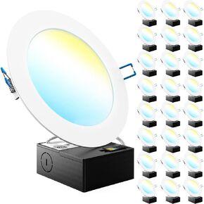 Sunco 24 Pack 6 Inch Ultra Thin LED Recessed Ceiling Lights Smooth Trim Selectable CCT 2700K, 3000K, 4000K, 5000K, 6000K, Dimmable 14W=100W Wafer Thin Canless with Junction Box