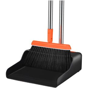 FGY Long Handle Broom and Dustpan Set 53" Broom with Upright Dustpan for Home Kitchen Office Cleaning (Black & Orange)