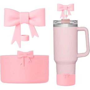 Bow Silicone Protective Stanley Boot for 20/30/40Oz, Bow Straw Cover Topper for Stanley Cup 10mm/0.4in, 2 Pack Stanley Cup Accessories Compatible 12-24Oz for Hydroflask Boot and More (Pink Set)