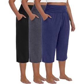 Neer 3 Pack Women's Plus Size Cotton Capri Pants High Waisted Wide Leg Loose Lounge Yoga Cropped Sweatpants with Pockets