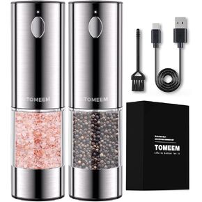 Upgraded Larger Capacity Electric Salt and Pepper Grinder Set Rechargeable with LED lights, Stainless Steel Automatic Pepper and Salt Grinder Refillable with 5 Adjustable Coarseness