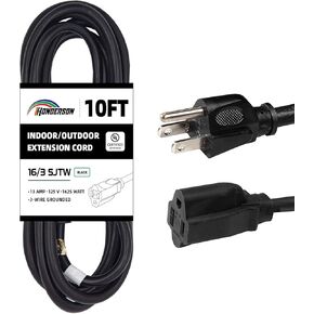 10FT Outdoor Extension Cord-16/3 SJTW Durable Black Extension Cord for Christmas Lights with 3 Prong Grounded Plug for Safety,Great for Outside Christmas Decorations